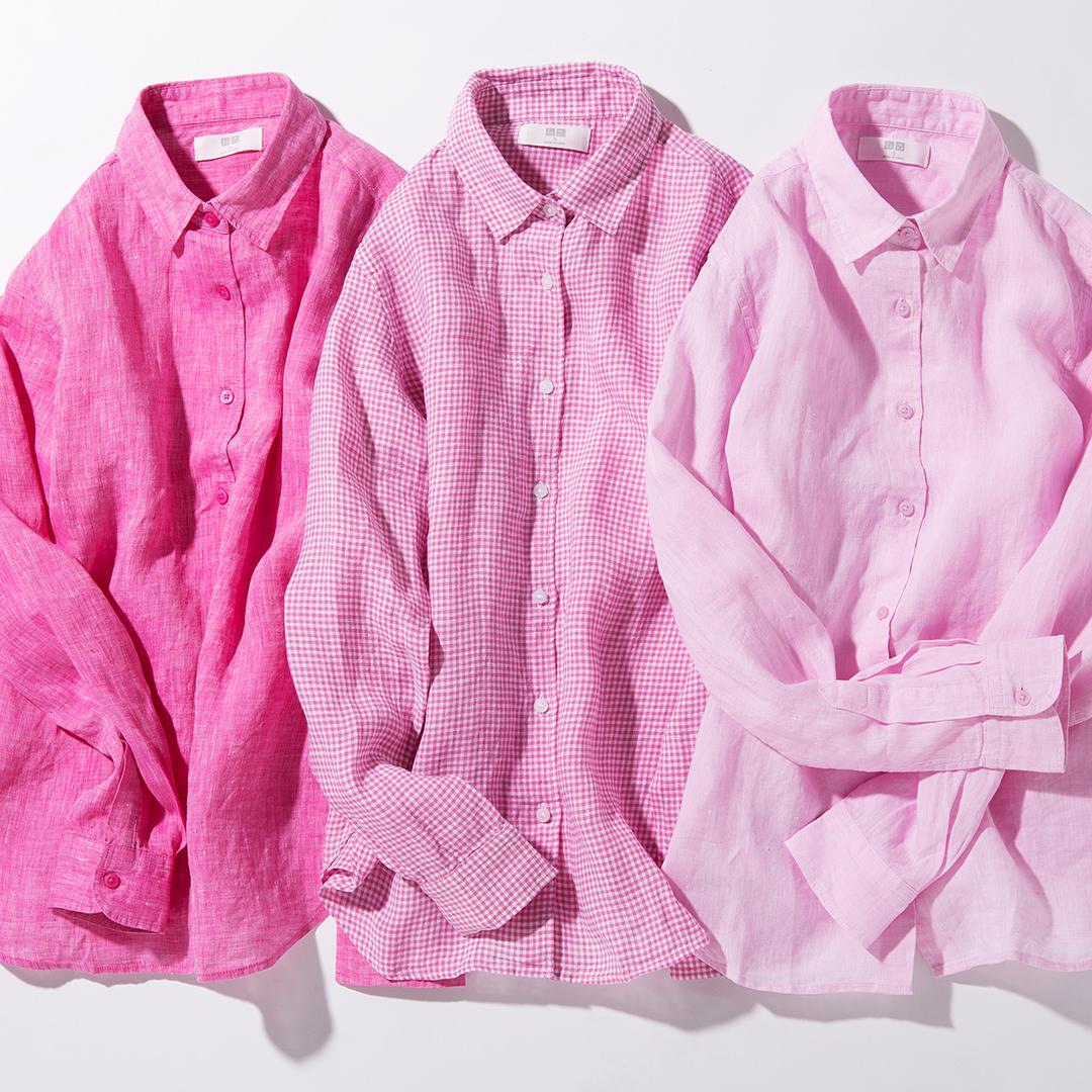 @UNIQLO ユニクロ: 春の風をまとうような気分で、フェミニンなピンクのリネンシャツを。シンプルなレギュラーカラーなので、デニムでも