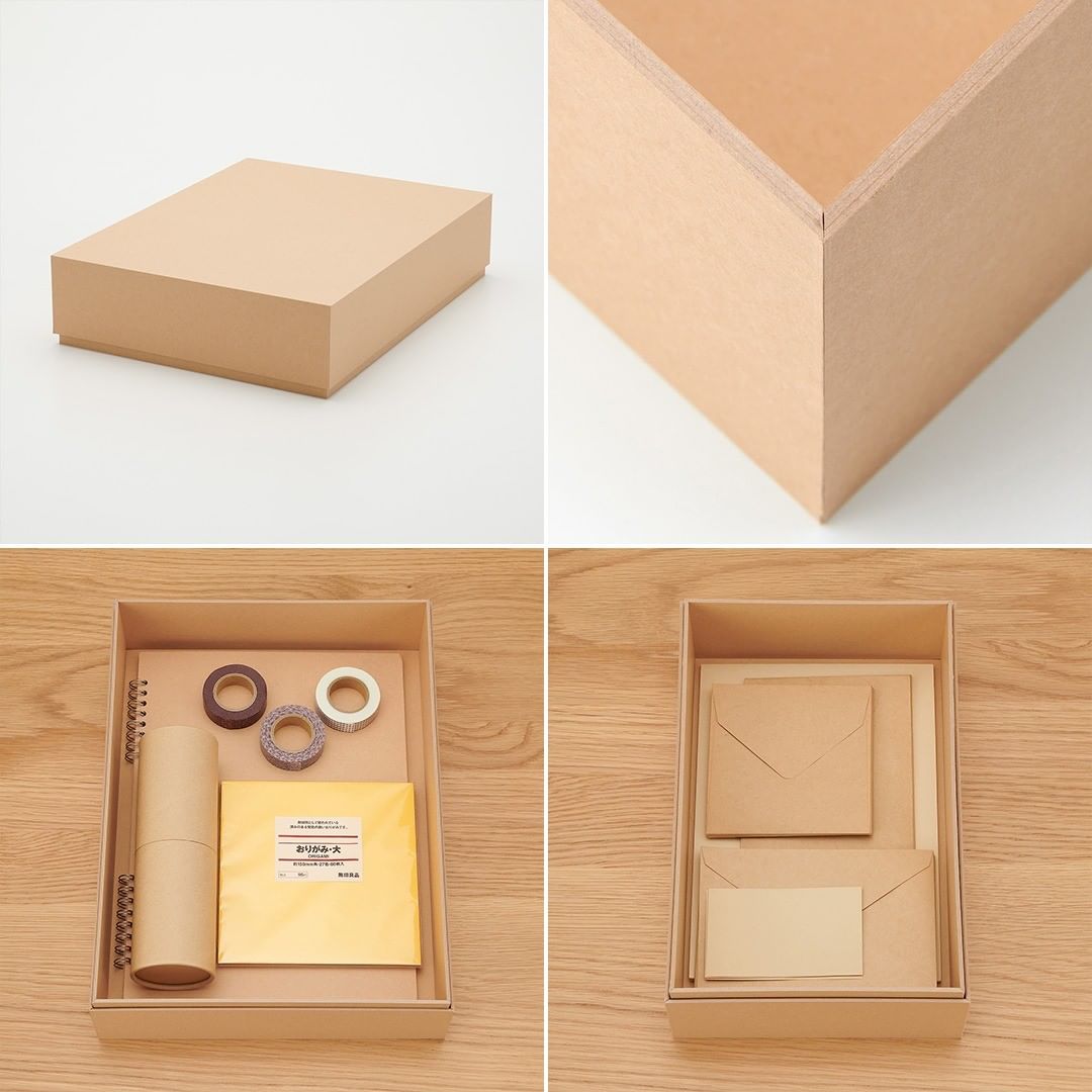 Muji無印良品 新商品 紙箱 バインダーやノートの表紙に使われている再生紙を重ね合わせ 箱をつくりました 切りっぱなしの板紙でつくりを簡略化して工程のムダを省きました Ciao Nihon