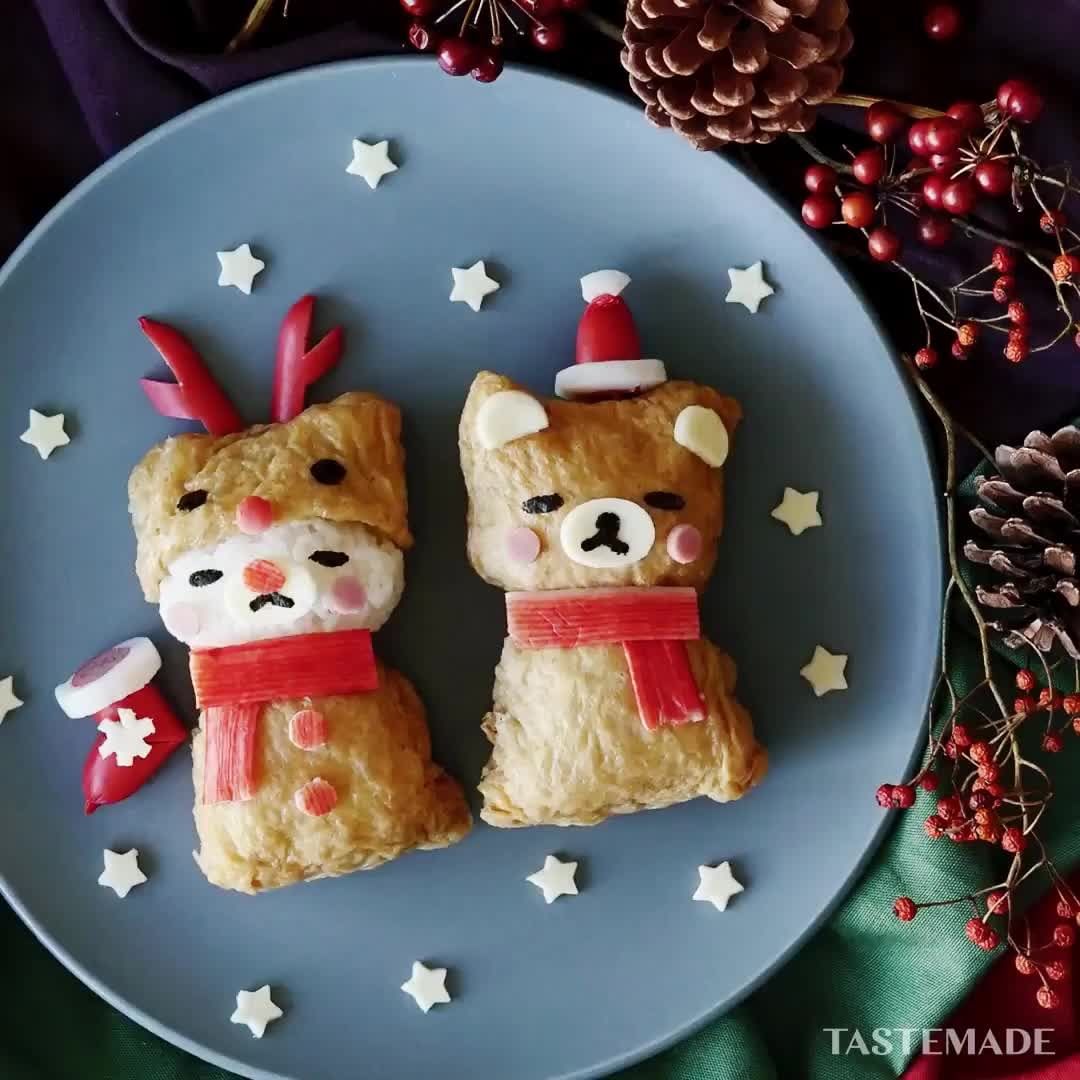 Tastemadejapan 最後いきなり寝る クリスマス気分なリラックマおいなりさん 顔のパーツをちょい足ししてね リラックマのかわいい おいなり できました 材料 油揚 Ciao Nihon