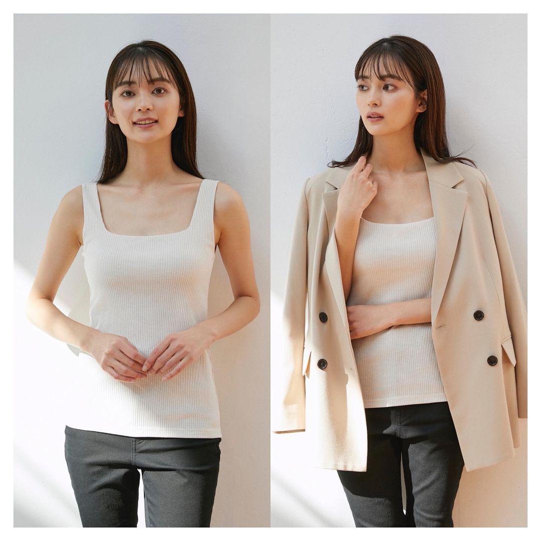 Gu ジーユー カップ付きインナーbra Feelコーデ 春にぴったりな羽織り合わせのスタイリング デコルテがきれいに見えるスクエアネック ボートネック 裾レースのぺ Ciao Nihon